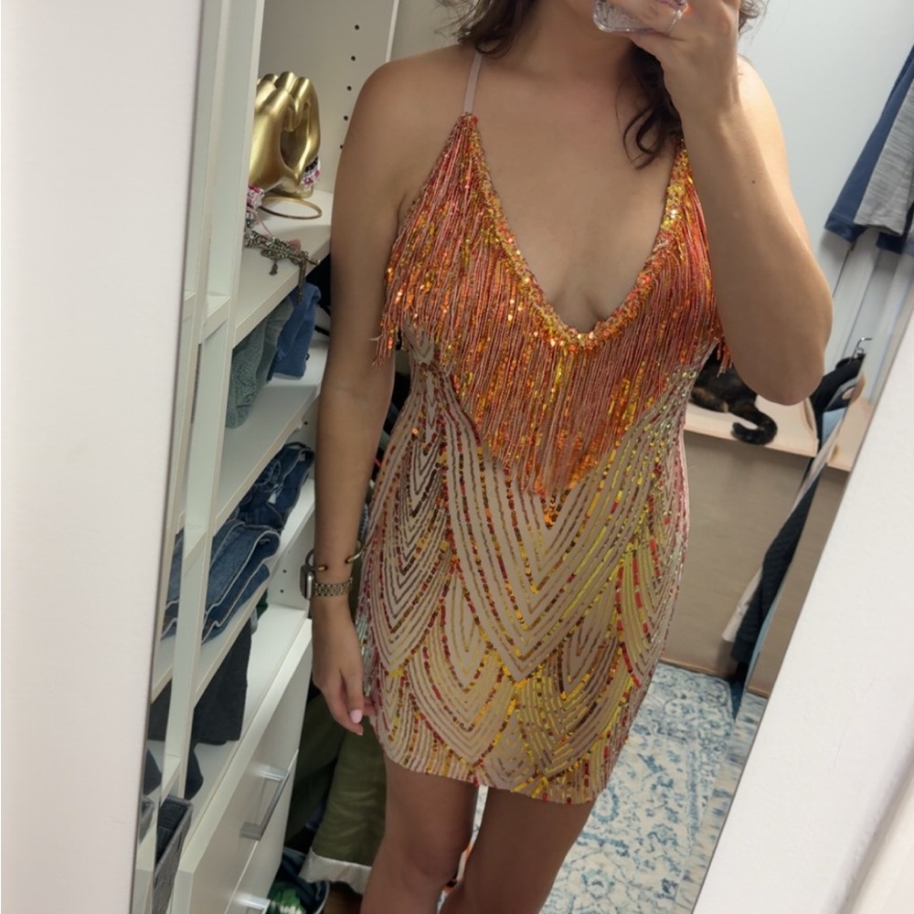 Orange and Gold Beaded Mini Dress